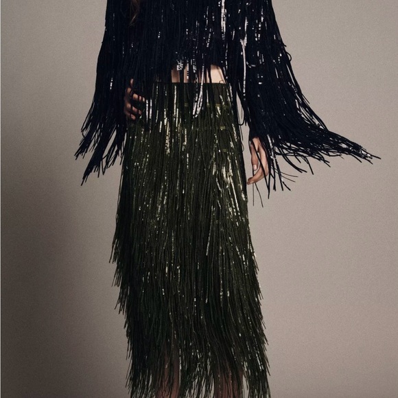 Zara Dresses & Skirts - Zara Black and Green Fringe Midi Skirt